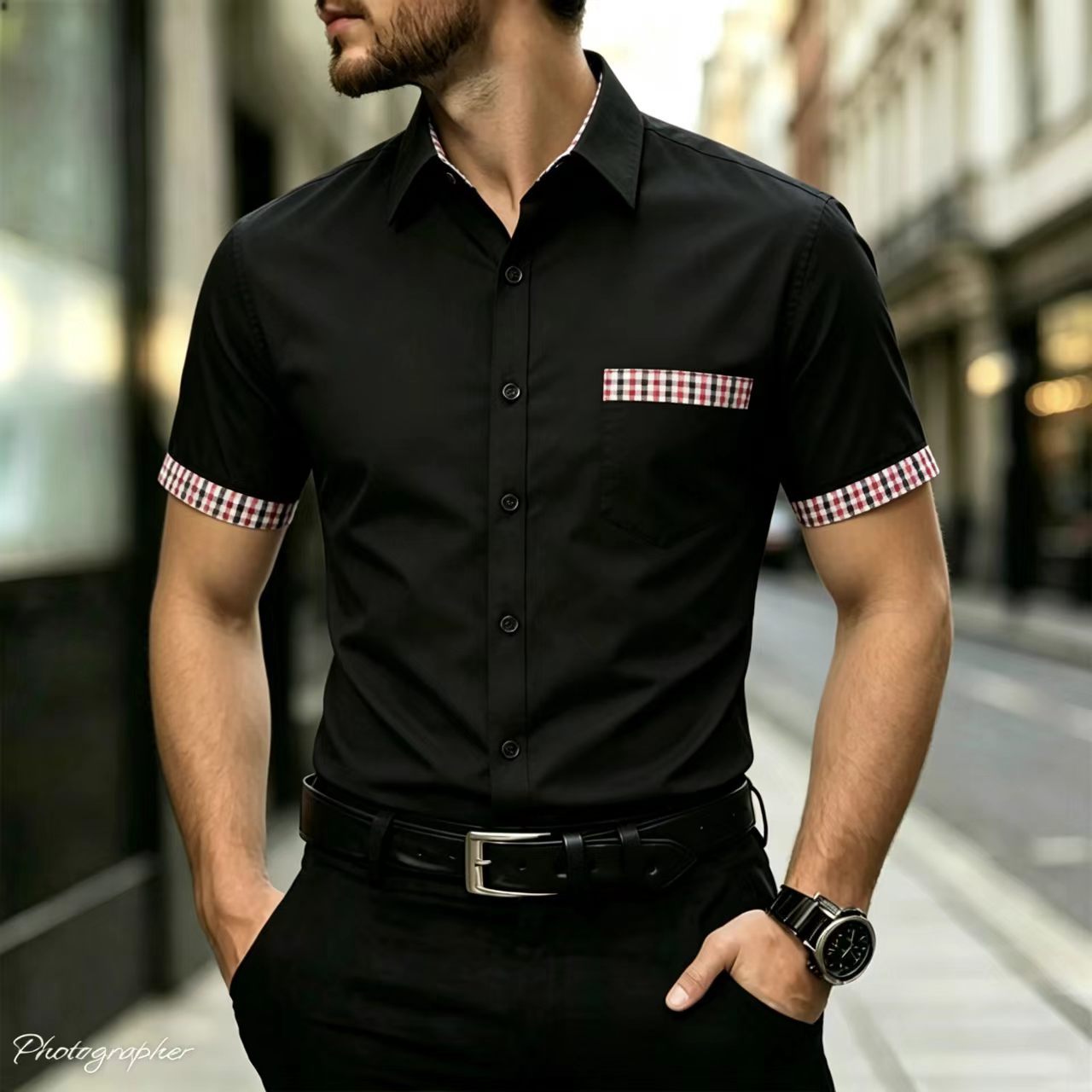 Men Formal Office Wear Shirts - Herren-Kurzarmhemd mit kariertem Randkragen, Ärmeltaschen für