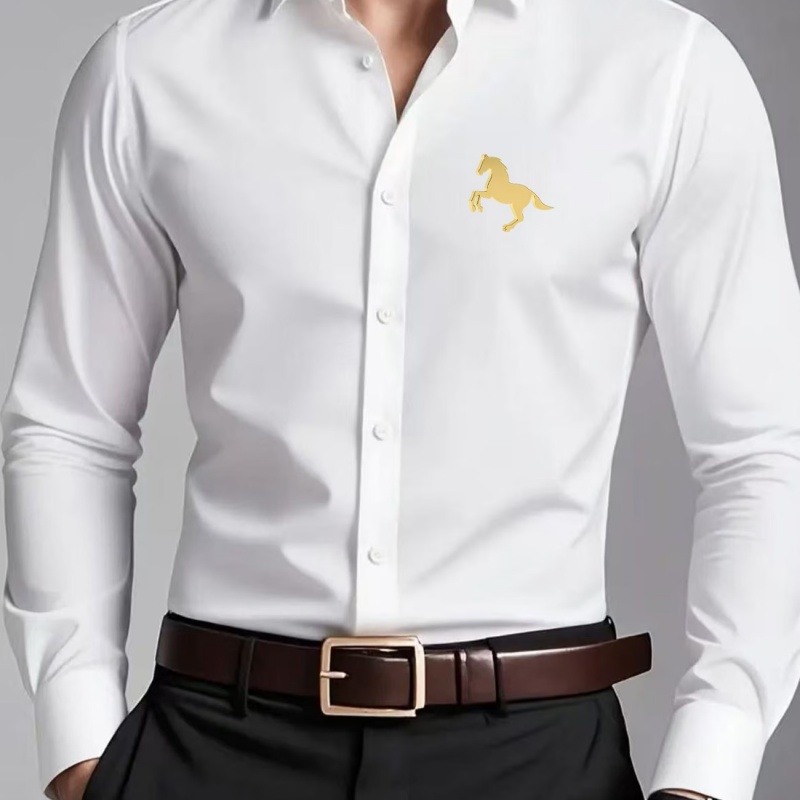 Men Formal Office Wear Shirts - Elegante Herrenhemden mit goldenem Pferde-Logo-Print, Slim