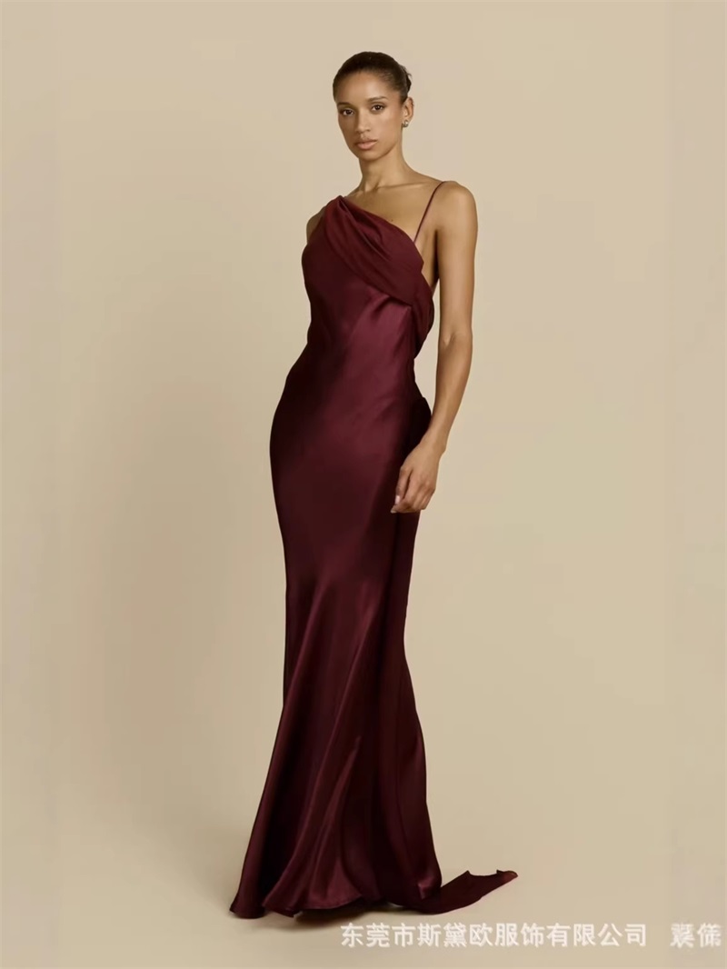 Men'S Formal Wear For Wedding Guest - Burgunderrotes Satin-Abschlussballkleid, sexy, schulterfrei, ärmellos, mit