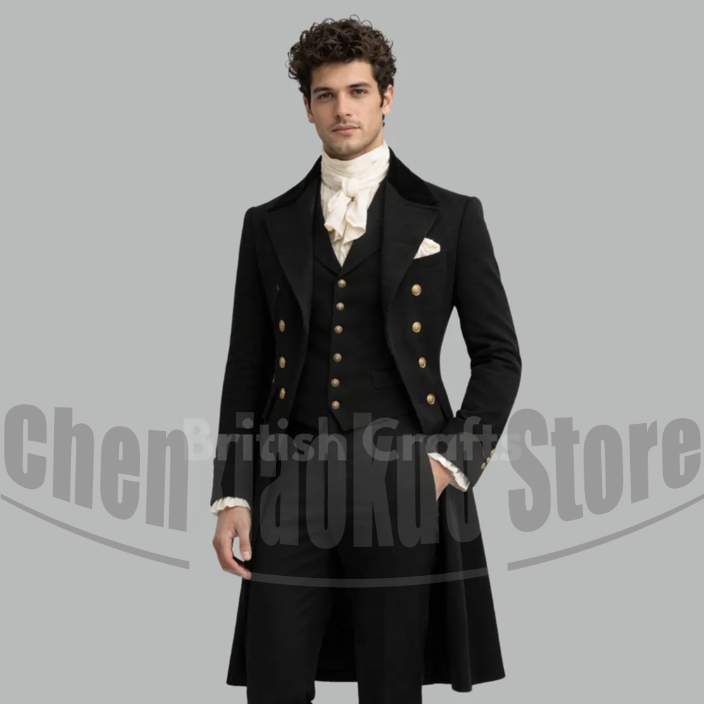 Victorian Men'S Formal Wear - Schwarzer Herren-Viktorianischer Frack 3-teilig Doppelreihig mit