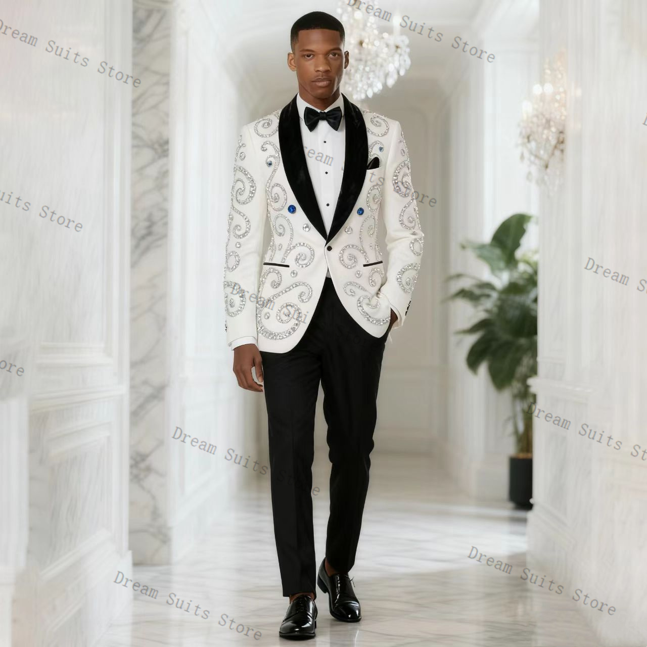 Men Formal Wear Black And White - Weißer Herrenanzug Set 2-teilig Blazer+Schwarze Hose