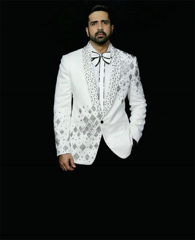 Men Formal Wear Black And White - Crystals Herrenanzug-Set, 2-teilig, Bräutigam, weißer Blazer