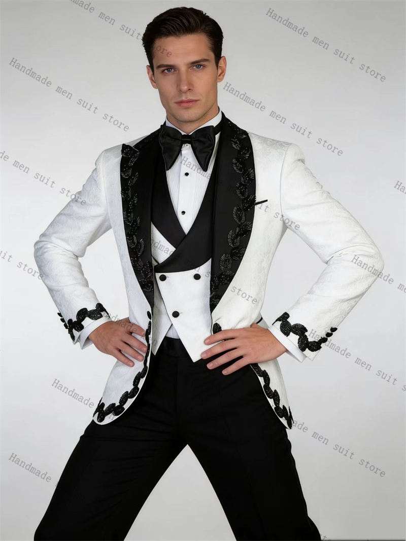 Men Formal Wear Black And White - Weiß-Schwarzer Herrenanzug Set 2-teilig Kristall-Blazer+Baumwollhose Abschlussball
